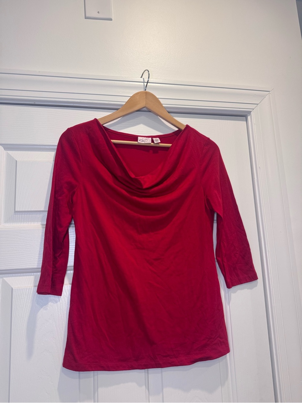 New without tags Kim Rogers Small Red cowl neck top with 3/4 sleeves
